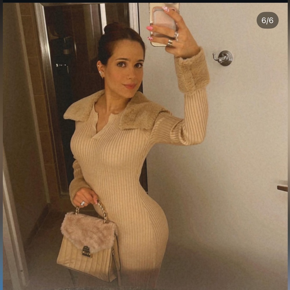 Ribbed Knit Long-Sleeve Bodycon Dress in Beige